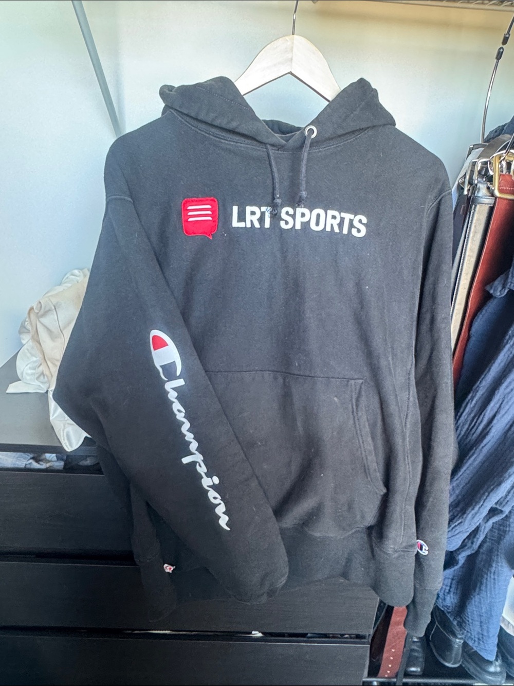 Champion Black LRT Sports Crewneck Hoodie with Script Sleeve Logo